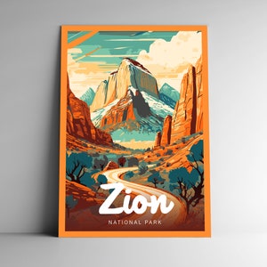 Affiche de voyage de style vintage du parc national de Zion, carte postale, autocollant, aimant, série design Utah, États-Unis, impression d'art, art mural
