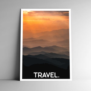 VIAGEM. Pôster de viagem minimalista estilo WPA estilo vintage - 8x10 12x18 18x24 24x36 / 4x6 Cartão postal Smoky Mountains Retro Sunrise Golden EUA