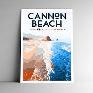 Pôster de viagem estilo vintage de Cannon Beach Oregon - 8x10 - 12x18 - 18x24 - 24x36 / 4x6 Cartão postal estilo WPA State Haystack Rock USA Art Print