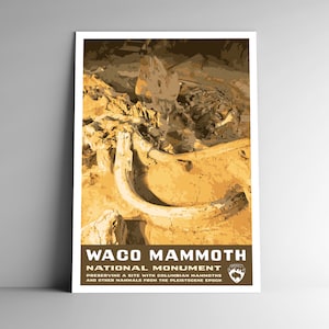 Waco Mammoth National Monument Estilo WPA Poster de viagem estilo vintage - 8x10 - 12x18 - 18x24 - 24x36 / 4x6 Cartão postal Texas EUA Retro Art Print