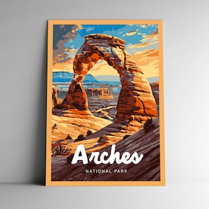 Affiche de voyage de style vintage du parc national des Arches/cartes postales/autocollants/aimants de la série Designer Utah USA, impression d'art Mighty Five