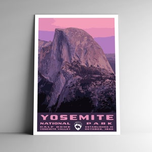 Cartel de viaje de estilo vintage del Parque Nacional Yosemite / Postal / Pegatina / Imán Retro WPA Estilo California Arte Impresión Half Dome Wall Art