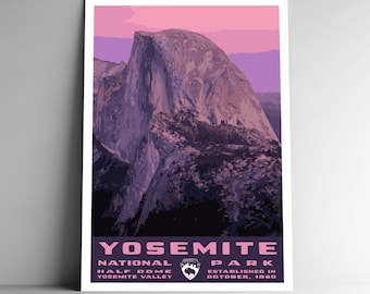 Yosemite National Park Vintage-Style Travel Poster / Postcard / Sticker / Magnet Retro WPA Style California Art Print Half Dome Wall Art