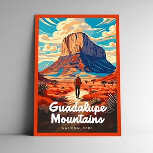 Cartel de viaje de estilo vintage del Parque Nacional de las Montañas de Guadalupe / Postal / Pegatina / Magnet Designer Series Texas USA Art Print Wall Art