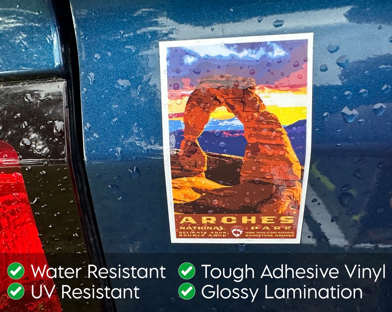 May include: A sticker featuring a colorful illustration of Delicate Arch in Arches National Park, Utah. The sticker is water resistant, UV resistant, and has a tough adhesive vinyl with a glossy lamination.