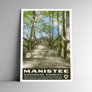 Pôster de viagem estilo vintage da floresta nacional de Manistee WPA - 8x10 12x18 18x24 24x36 / 4x6 Cartão postal Michigan EUA Retro Art Print