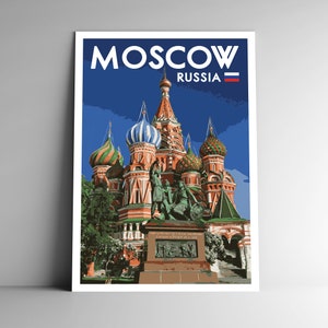 Pôster de viagem em estilo vintage de Moscou - 8x10 - 12x18 - 18x24 - 24x36 / 4x6 Cartão postal Rússia Praça Vermelha Impressão artística da Catedral de São Basílio