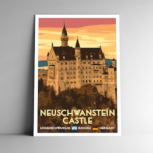 Cartel de viaje de estilo vintage del castillo de Neuschwanstein - 8x10 - 12x18 - 18x24 - 24x36 / 4x6 Postal WPA Estilo Baviera Alemania Fantasía Arte Impresión