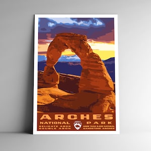 Poster de voyage de style vintage pour le parc national des Arches, carte postale, autocollant, aimant, style rétro WPA, arche délicate, Moab, Utah, États-Unis, impression d'art