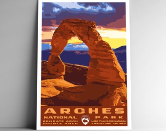 Poster de voyage de style vintage pour le parc national des Arches, carte postale, autocollant, aimant, style rétro WPA, arche délicate, Moab, Utah, États-Unis, impression d'art
