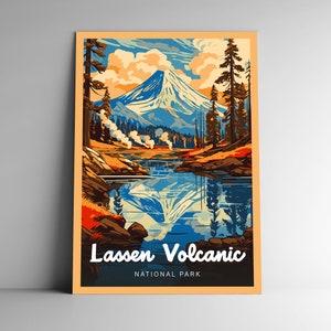 Poster da viaggio in stile vintage del Parco nazionale vulcanico di Lassen, cartolina, adesivo e magnete, serie di designer California USA, stampa artistica da parete