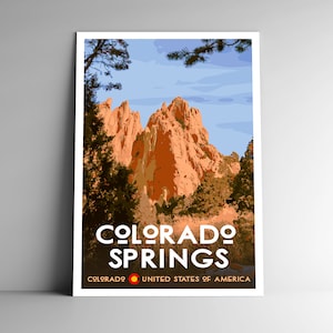 Pôster de viagem estilo vintage de Colorado Springs - 8x10 - 12x18 - 18x24 - 24x36 / 4x6 Cartão postal estilo WPA Jardim dos Deuses Impressão artística dos EUA