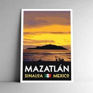Cartel de viaje de estilo vintage de Mazatlán México - 8x10 - 12x18 - 18x24 - 24x36 / 4x6 Postal Estilo WPA Mazatlán Playa Sinaloa Beach Art Print