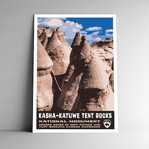 Kasha-Katuwe Tent Rocks Monumento Nacional WPA Estilo Cartaz de viagem estilo vintage - 8x10 - 12x18 - 18x24 - 24x36 / 4x6 Cartão postal Impressão artística dos EUA