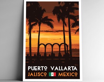 May include: A poster featuring a sunset scene with palm trees and arched structures. The text "PUERTO VALLARTA" and "JALISCO MEXICO" is displayed in white, with the Mexican flag. The color palette includes shades of orange, brown, and black.