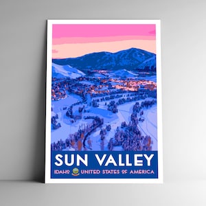 Sun Valley Idaho Vintage-Stil Reiseposter 8x10 - 12x18 - 18x24 - 24x36 / 4x6 Postkarte WPA Style Ski Resort Town USA Kunstdruck Wandkunst