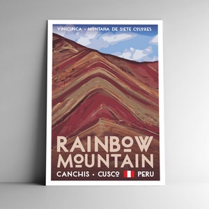 Pôster de viagem estilo vintage Rainbow Mountain - 8x10 - 12x18 - 18x24 - 24x36 / 4x6 Cartão postal Vinicunca Montaña de Siete Colores Peru Art Print