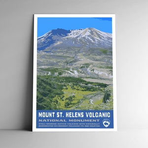 Poster de voyage de style WPA de Mount St Helens Volcanic National Monument - 8 x 10 - 12 x 18 - 18 x 24-24 x 36 / 4 x 6 cartes postales Impression d'art USA