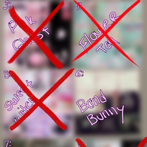 May include: A grid of eight blurred images labeled with purple text. The labels are 1: Corupted Rabbit, 2: Monochrome, 3: Pink Ghost, 4: Flower Tea, 5: Sweet Witch, 6: Band Bunny, 7: Prey, and 8: Icy Tomb. Items 3, 4, 5, and 8 have red X marks.