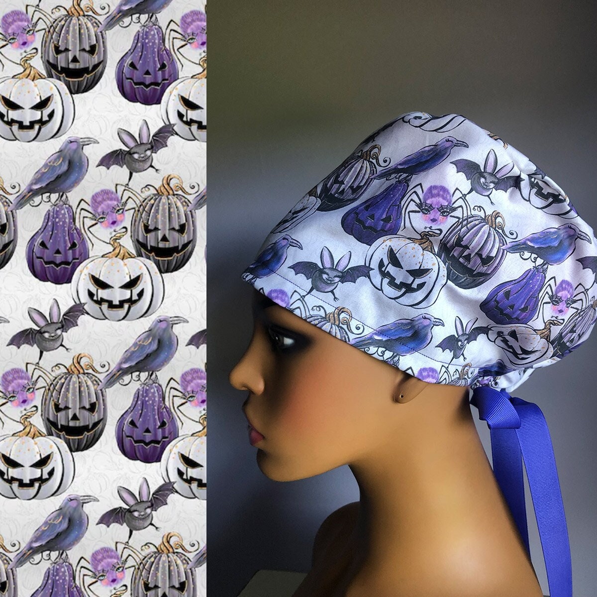 hats & bats on gray fabric Surgical Scrub Hats/Caps Halloween  Jack-o-Lanterns 