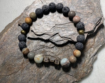 Men's or Boys Black Lava, Picasso Jasper and Amazonite Diffuser Bracelet