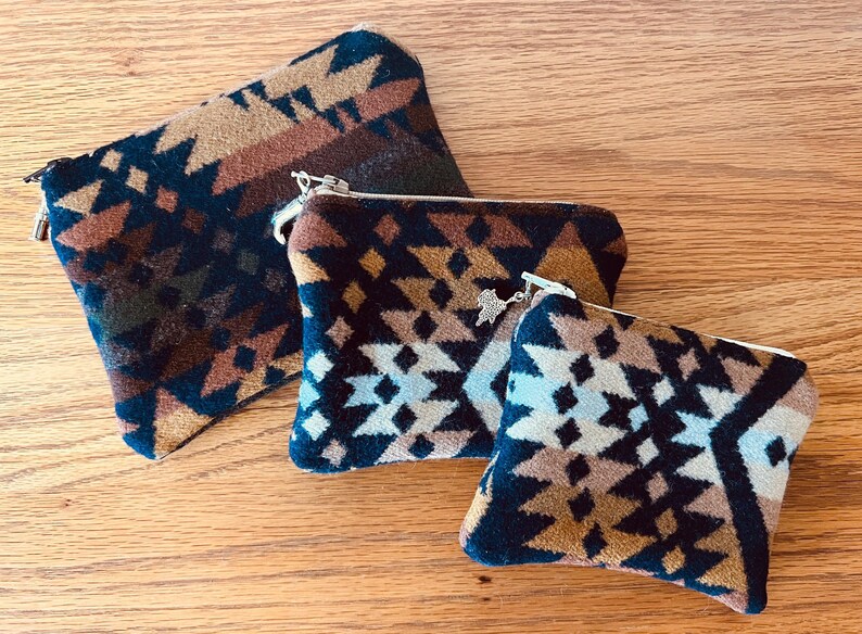 Southwest Design Tribal Pattern Pendleton Wool Zippered Bag Accessory Coin Purse Western Style Handcrafted Gift Men Travel Organizer Pouch Mission Trails Earth Tone Brown Green Gold Black Cream Heritage Craftsmanship Authentic Accessory