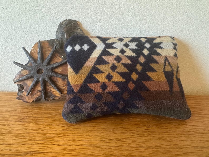 Handcrafted Gift Men Pendleton Wool Pouch Southwest Design Tribal Pattern Zippered Bag Accessory Western Style Travel Organizer Coin Purse Mission Trails Central Oregon Earth Tone Colors Brown Green Gold Black Cream Heritage Craftsmanship