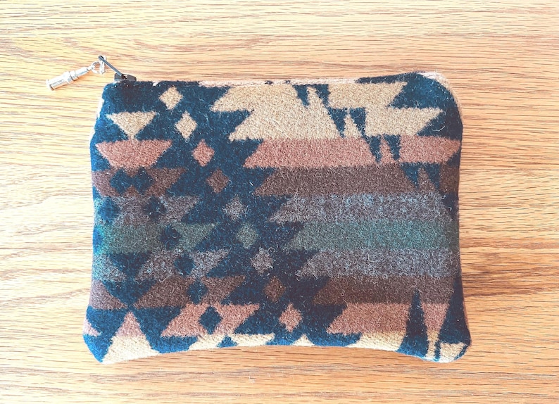 Pendleton Wool Pouch Southwest Design Tribal Pattern Zippered Bag Accessory Men Travel Organizer Coin Purse Western Style Handcrafted Central Oregon Mission Trails Earth Tone Colors Brown Green Gold Black Cream Heritage Craftsmanship Gift