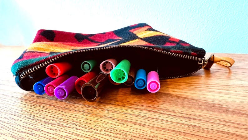 May include: A colorful pencil case with a geometric pattern, open to reveal a collection of colorful markers. The markers are various colors, including red, green, blue, and purple. The case is on a wooden surface.