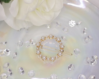 OLIVIA - Round Pearl Barrette, Pearl Hair Clip, Gold and Pearl Hair Clip, Pearl Hair Barrette, Handmade, Hair Barrette, Geometric Clip