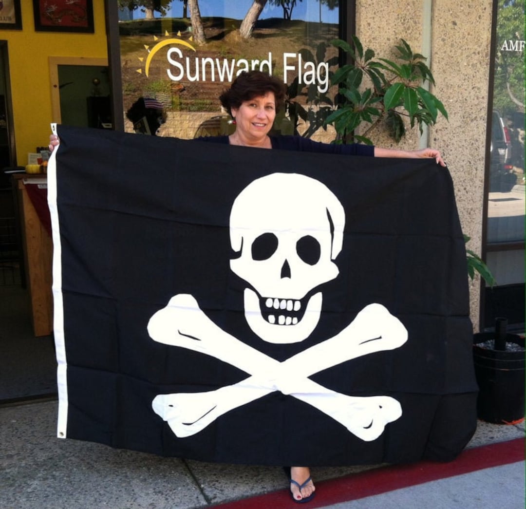 4'x6' Jolly Roger Flag, Skull and Crossbones, Black and White, Applique ...