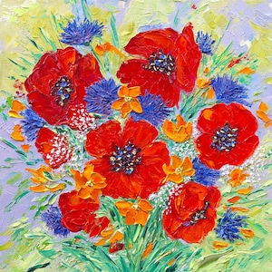 poppy painting cornflowers original art impasto oil painting 12x12 canvas flowers bouquet wildflowers artwork floral square by IrinaOilArt
