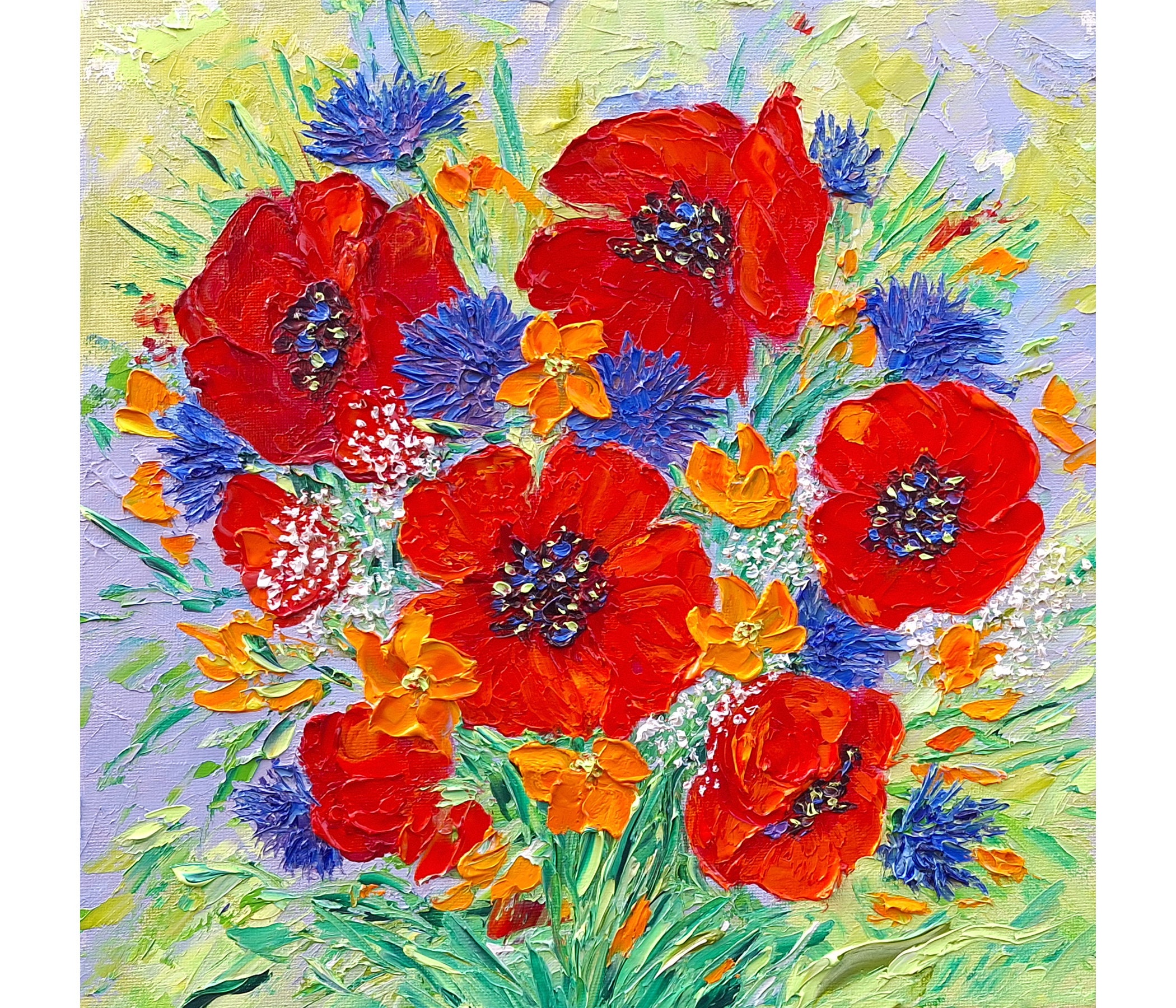 Poppy Painting Cornflowers Original Art Impasto Oil Painting 12x12 ...