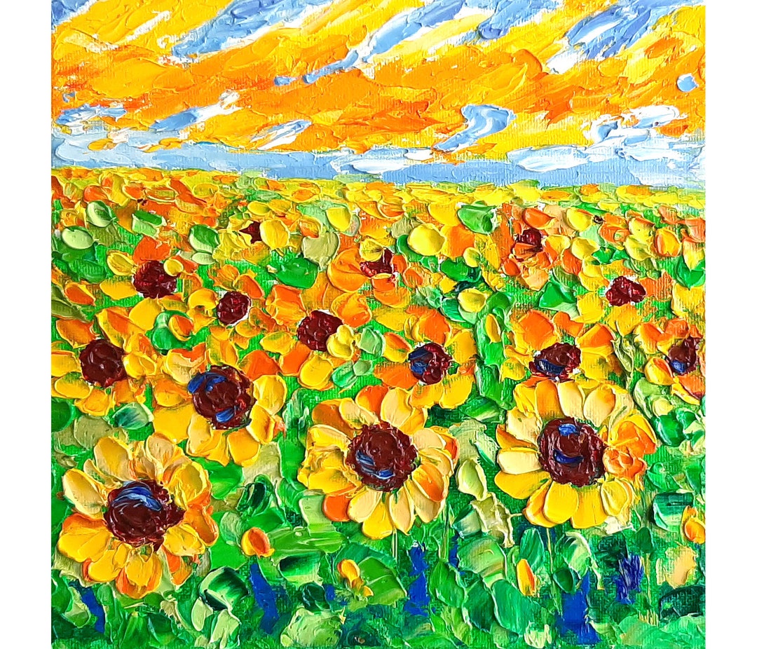 Sunflowers Painting Sunset Original Art Impasto Oil Painting 8x8 Canvas ...
