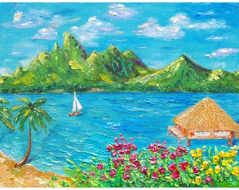 Bora Bora painting seascape original art impasto oil painting Tahiti overwater bungalow mount Otemanu ocean flowers canvas by IrinaOilArt