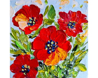 Coquelicot rouge peinture fleurs sauvages art original empâtement peinture à l'huile bouquet de fleurs oeuvre coquelicots floral petite toile 8 x 8 par IrinaOilArt