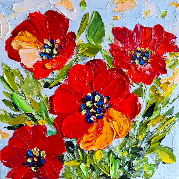 Coquelicot rouge peinture fleurs sauvages art original empâtement peinture à l'huile bouquet de fleurs oeuvre coquelicots floral petite toile 8 x 8 par IrinaOilArt