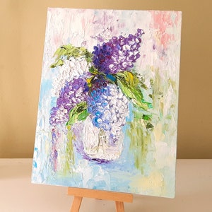 Lilac painting Original artwork impasto painting Lilac Bouquet Textured lilac art Floral artwork flowers in vase small painting 8x10 canvas image 3