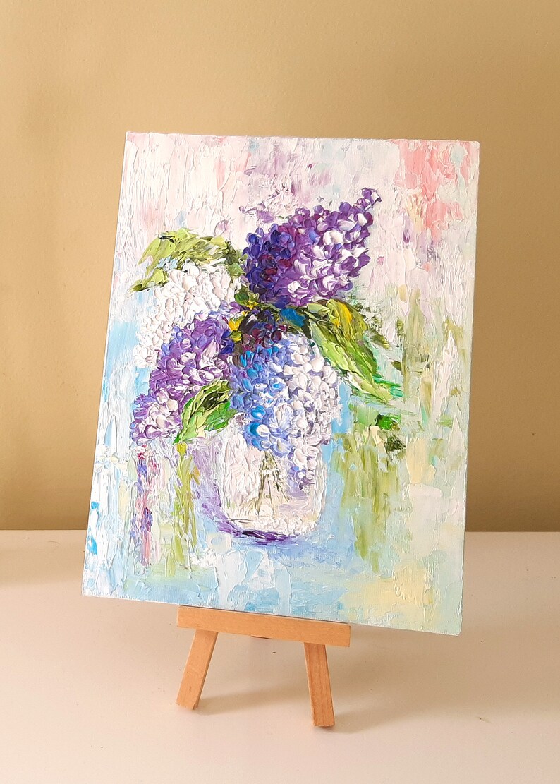 Lilac painting Original artwork impasto painting Lilac Bouquet Textured lilac art Floral artwork flowers in vase small painting 8x10 canvas image 3