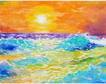 Sunset painting seascape original art impasto oil painting 8x10 coastal ocean tropical artwork wave colorful small canvas sea by IrinaOilArt