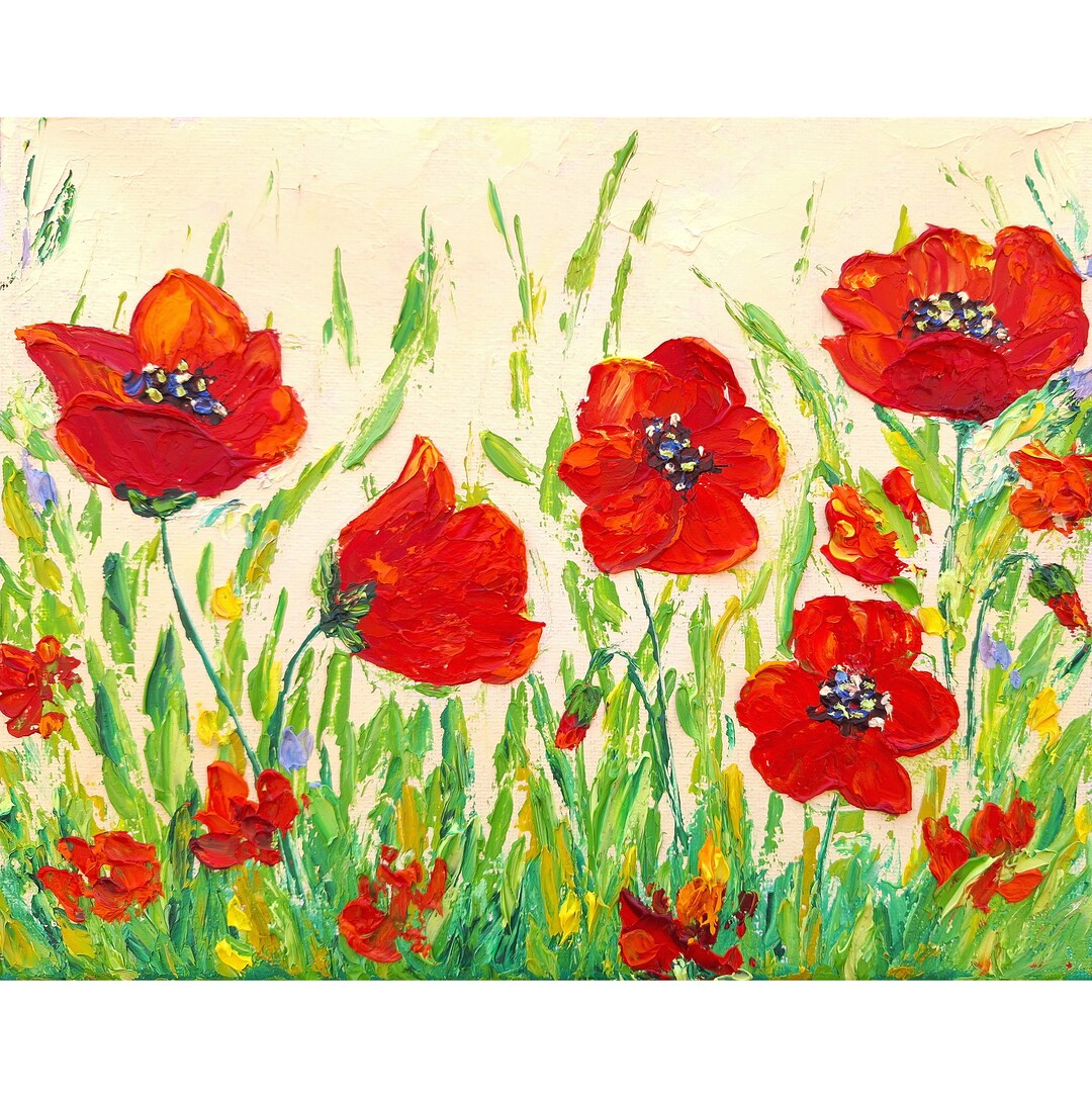 Poppy Painting Flowers Original Art Impasto Oil Painting Blooming Field ...