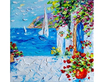 Greece painting floral original art impasto oil painting seascape Mykonos flower bougainvillea tree artwork small 8x8 canvas by IrinaOilArt