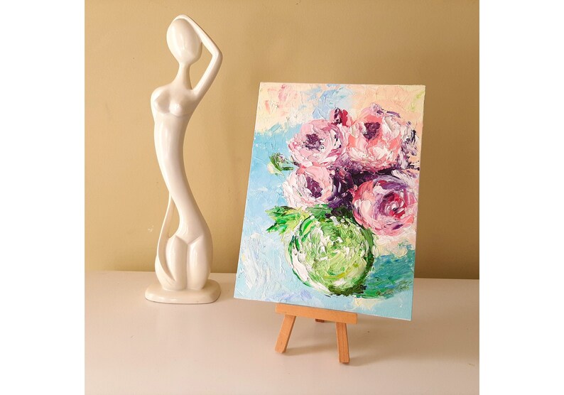 Peony painting Original artwork impasto painting Peony Bouquet Textured peony art Floral artwork flowers in vase small painting 8x10 canvas image 4