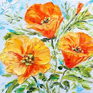 poppy painting flower original art impasto oil painting 8x8 canvas California golden wildflowers artwork floral bouquet small by IrinaOilArt