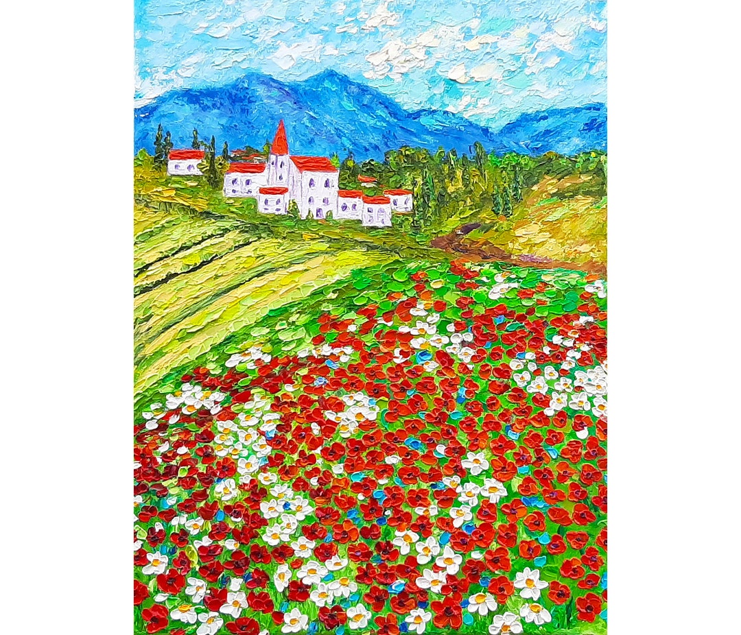 Italy Painting Poppy Original Impasto Oil Art: Tuscany Landscape Oil ...