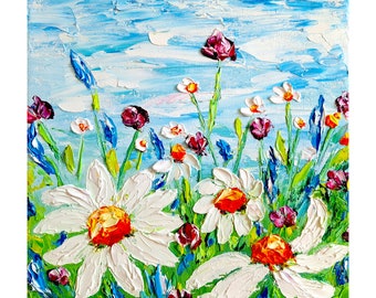 Daisy Impasto Painting: Original Floral Meadow Oil Art, 8x8 Canvas