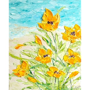 Poppy painting flowers original art impasto oil painting 10x8 canvas California poppies floral wildflowers seascape small by IrinaOilArt