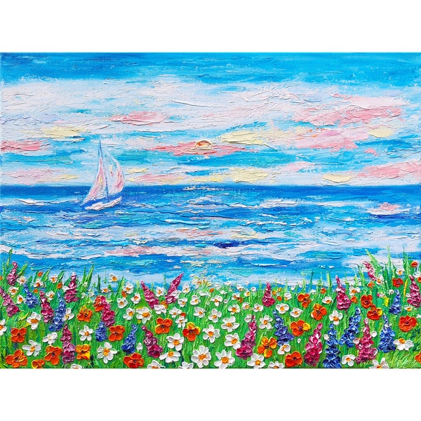 poppy painting seascape original art impasto oil painting daisy sunset California ocean sailboat wildflower canvas 12x16 by IrinaOilArt