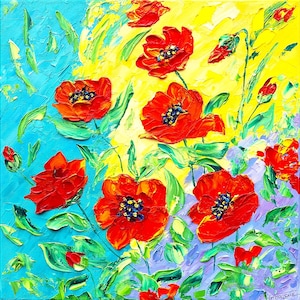 California Poppy painting flowers original art impasto oil painting 12x12 canvas poppies wildflower red floral artwork wall by IrinaOilArt