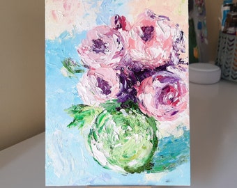 Peony painting Original artwork impasto painting Peony Bouquet Textured peony art Floral artwork flowers in vase small painting 8x10 canvas